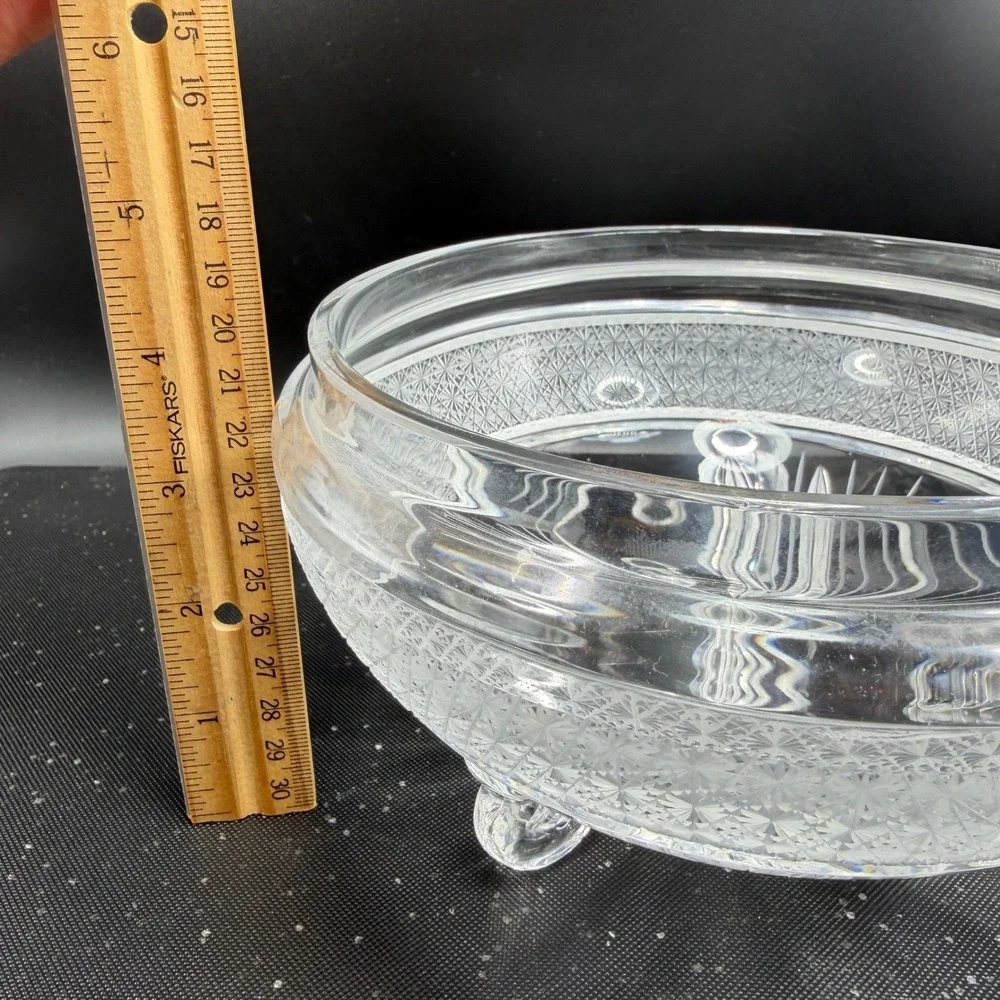 Signed Heavy Clear Crystal‎ Footed Bowl Etched Starburst Pattern Vintage Decor